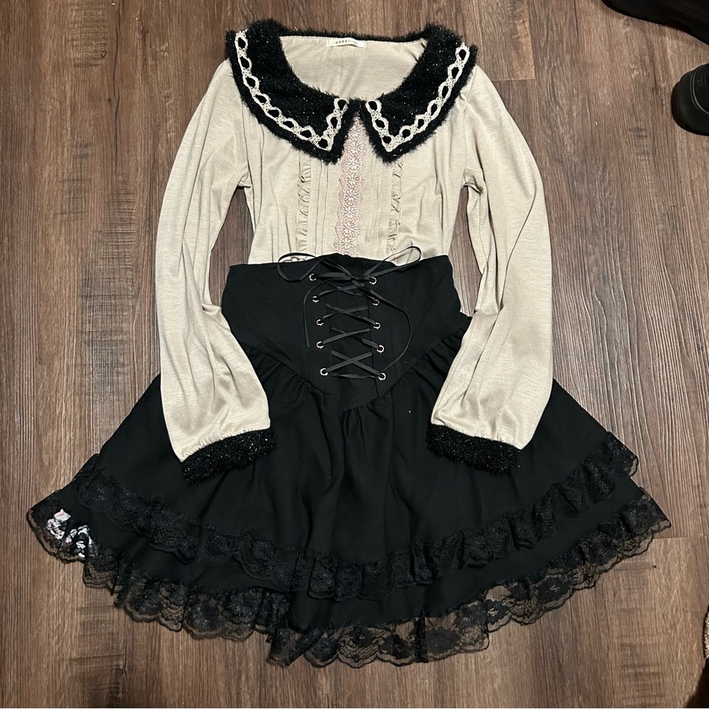 BOGO axes femme Jirai outfit set fur lace collar and waist skirt